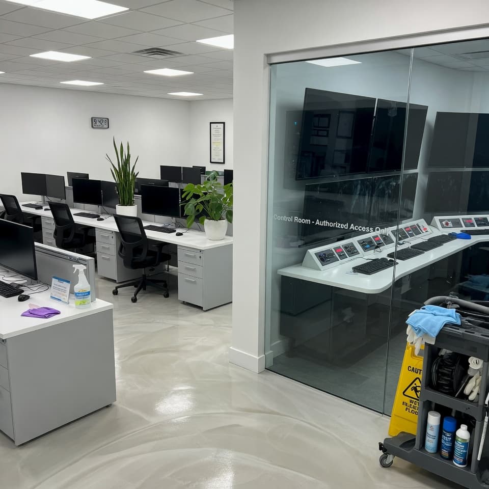 Professional on-site office and meeting spaces within an industrial campus requiring polished upkeep