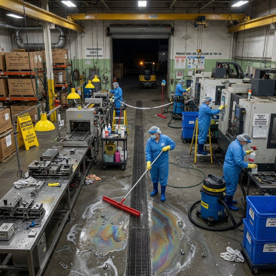 Manufacturing facility perimeter where janitorial supports operations alongside production equipment