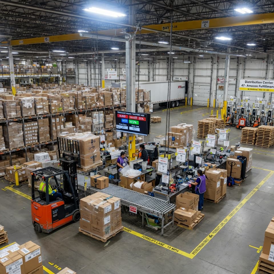 Warehouse distribution aisles and docks maintained under industrial janitorial programs