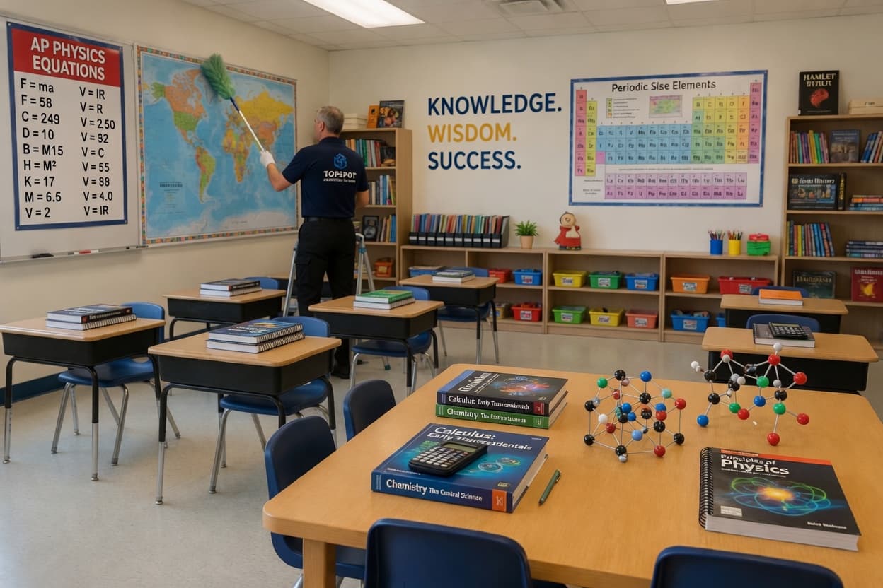 K–12 school corridor and classrooms prepared for students and staff