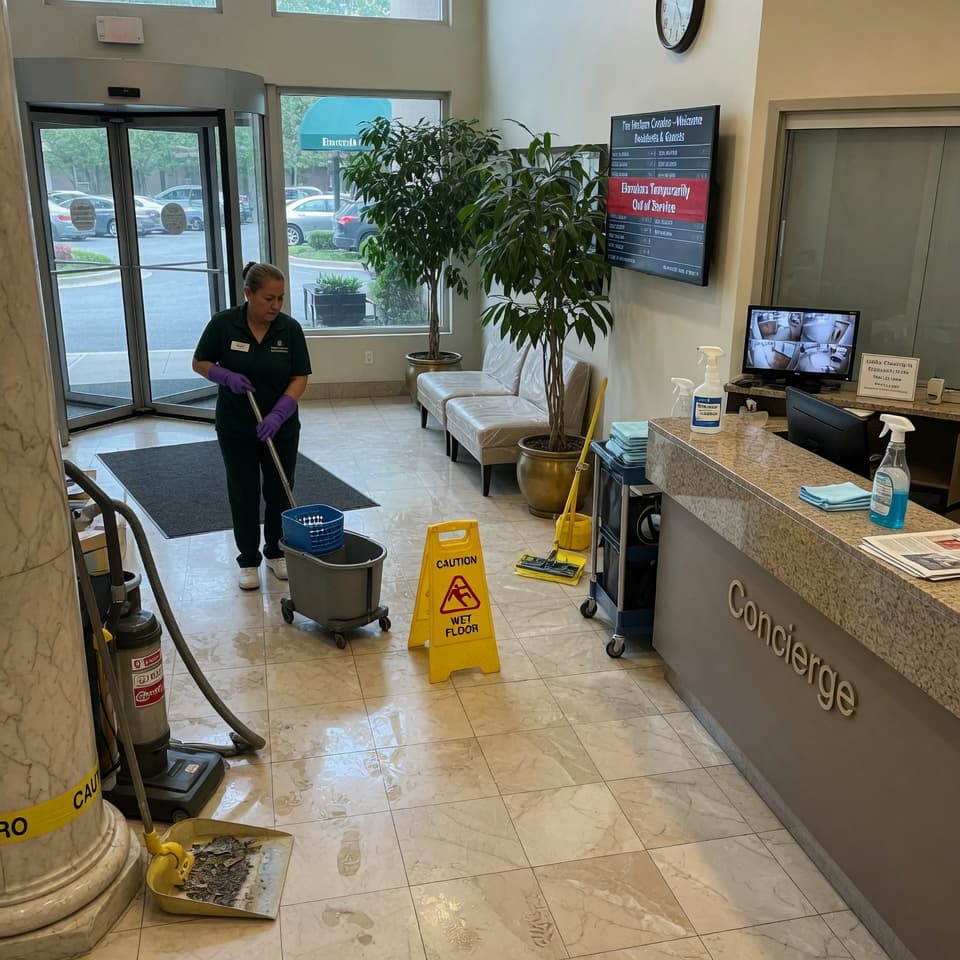 Condominium lobby and tower common areas kept board-ready through janitorial service
