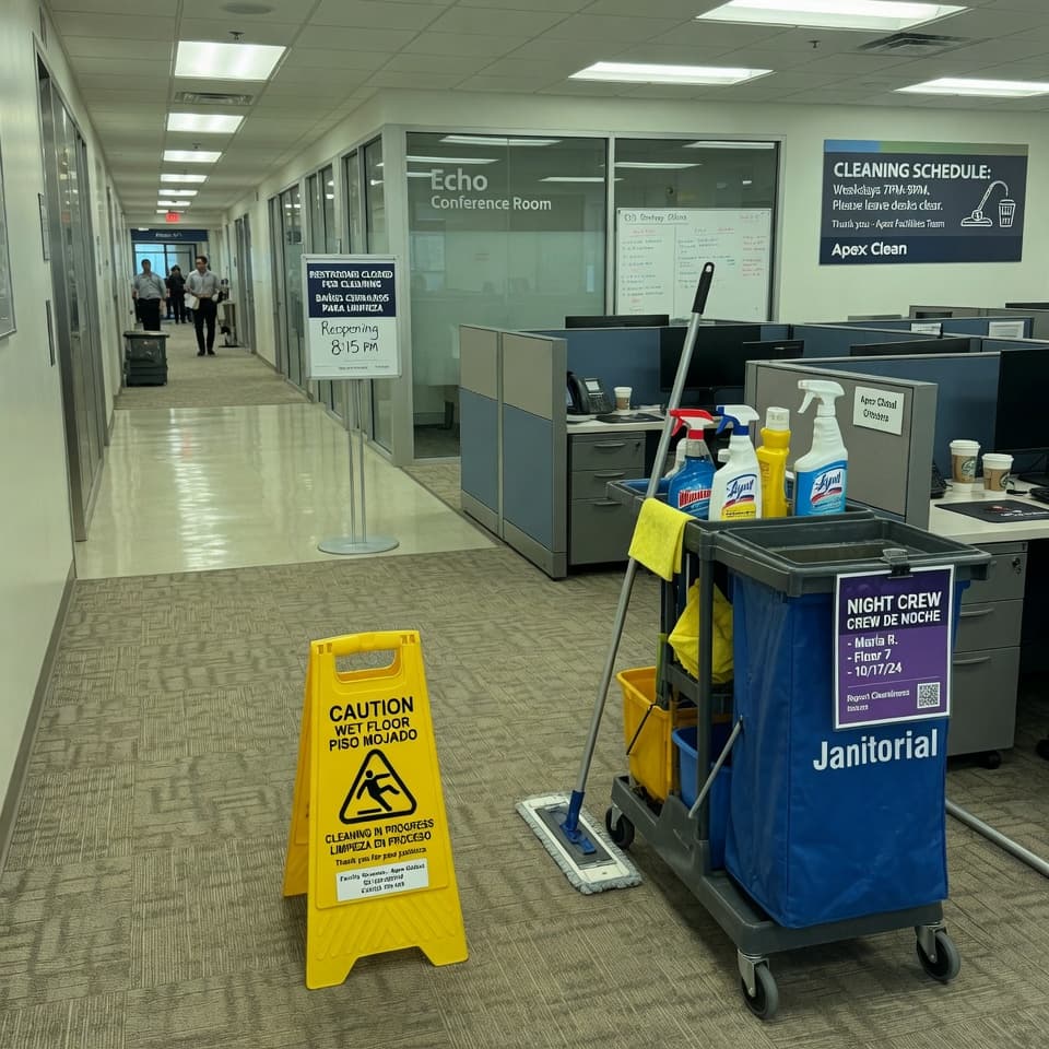 Corporate workplace workstations and meeting areas maintained by commercial janitorial crews